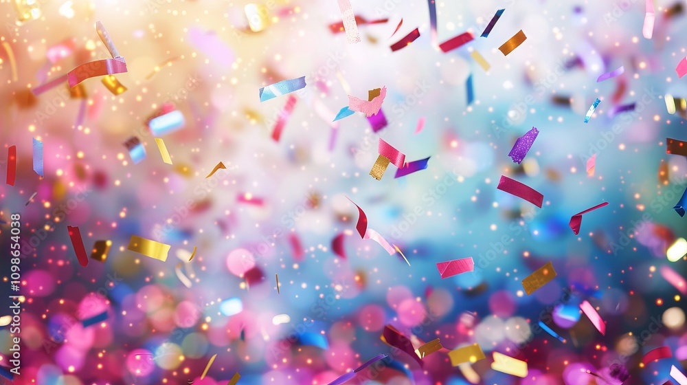 Poster a colorful explosion of confetti is falling from the sky. the confetti is in various colors and size