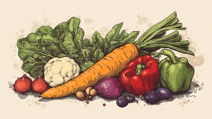 Colorful hand-drawn vegetables featuring a carrot, bell peppers, cauliflower, and leafy greens on a textured backdrop.
