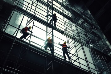 Construction workers on scaffolding in urban setting
