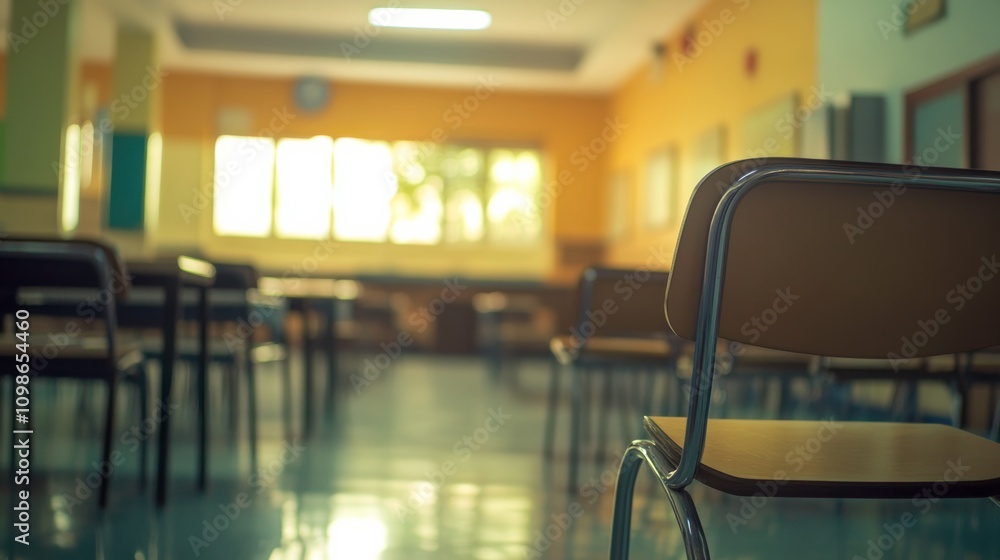 Poster blurry view of empty elementary classroom with chairs and tables in focus. generative ai