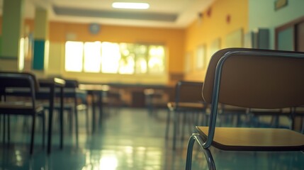 Fototapeta premium Blurry View of Empty Elementary Classroom With Chairs and Tables in Focus. Generative AI
