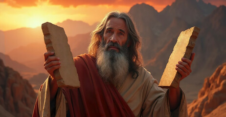 Moses carries stone tablets with Ten Commandments inscribed on them. old bearded jewish man Mose with 10 commandments on stone tablets. torah old testament. mount sinai in Egypt Sunset in mountain.