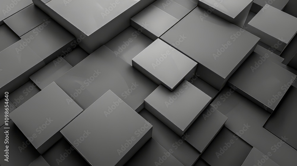 Poster a minimalist composition with overlapping squares in shades of gray, creating a sense of rhythm
