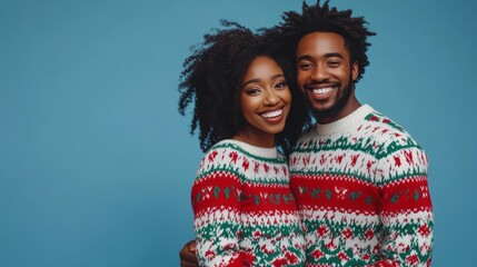 Young african american couple in love smiling on empty blue background wearing matching christmas sweaters with space for text or inscriptions
