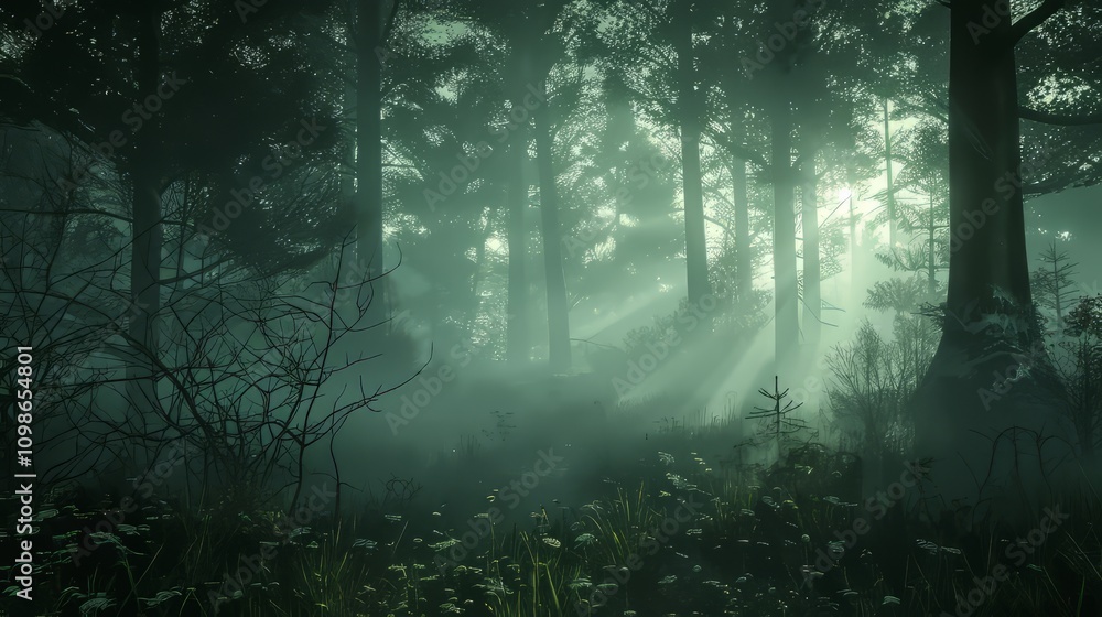 Poster ethereal 3d glow casting soft, diffused light in a misty forest
