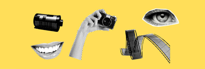 photography concept template design with person hand holding vintage camera 35 mm film female eye and smiling mouth retro grunge halftone collage element set pop art magazine style cutout object