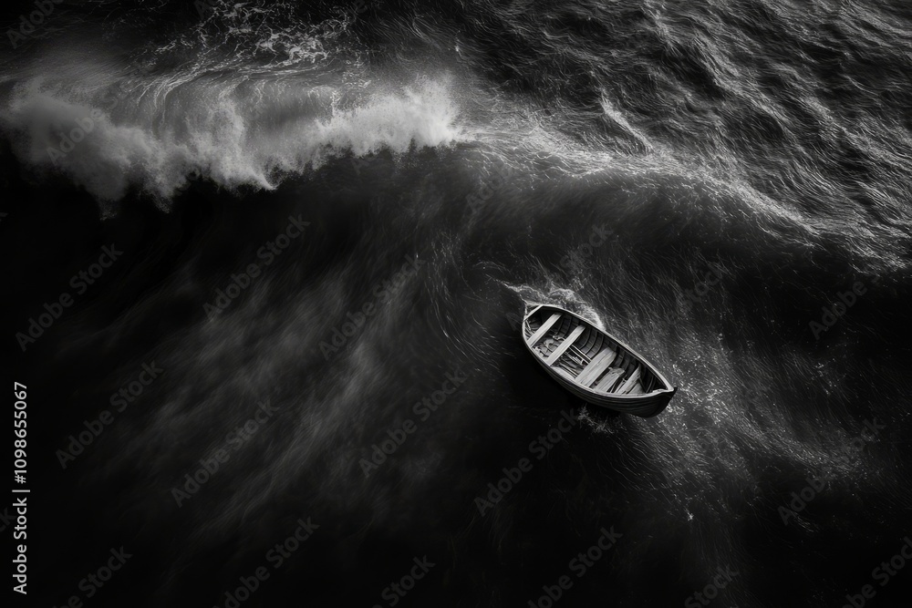 Poster a boat is floating in the ocean with a wave crashing behind it. the image has a mood of calmness and