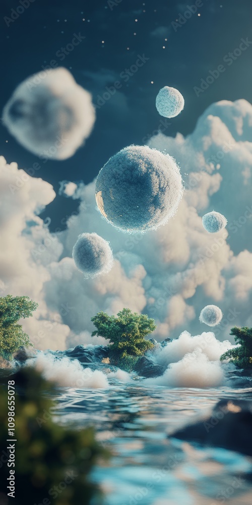 Poster dreamlike scene of floating spheres in a surreal sky above calm waters and lush greenery, creating a