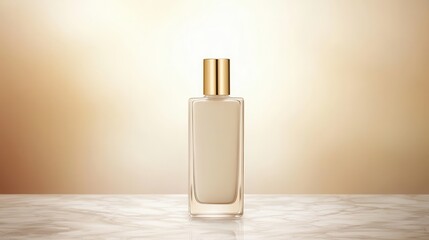 Elegant Clear Perfume Bottle with Golden Lid on Marble Surface Against Soft Golden Background for Beauty and Fragrance Promotions