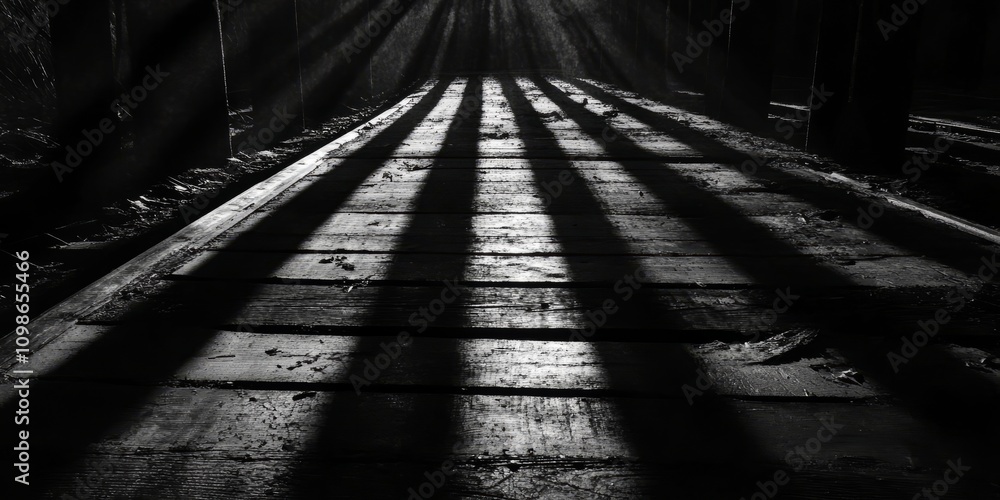 Poster sunlight creates striking shadows through trees on a wooden path, highlighting the texture and contr