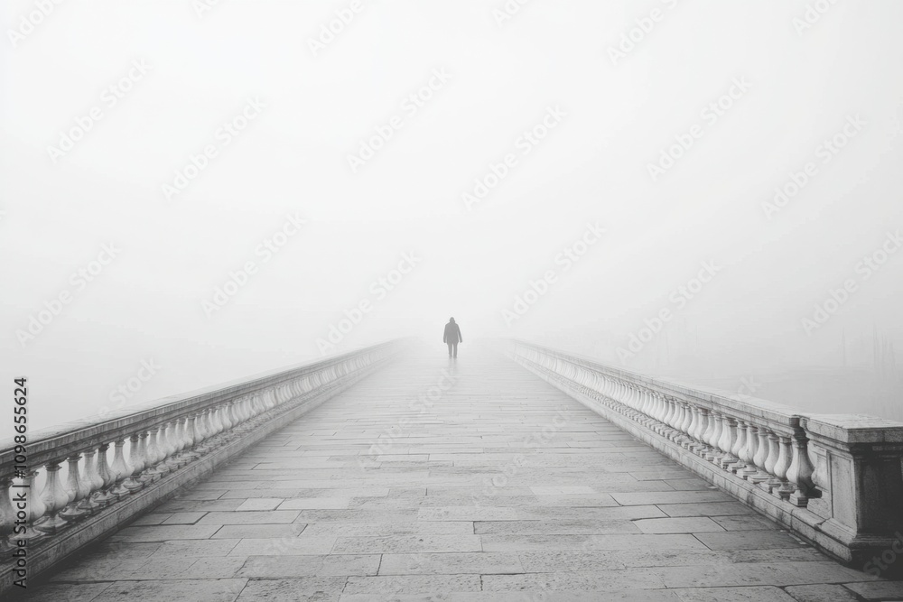 Poster a lone individual strolls across a long, desolate bridge enveloped in thick fog, creating an atmosph