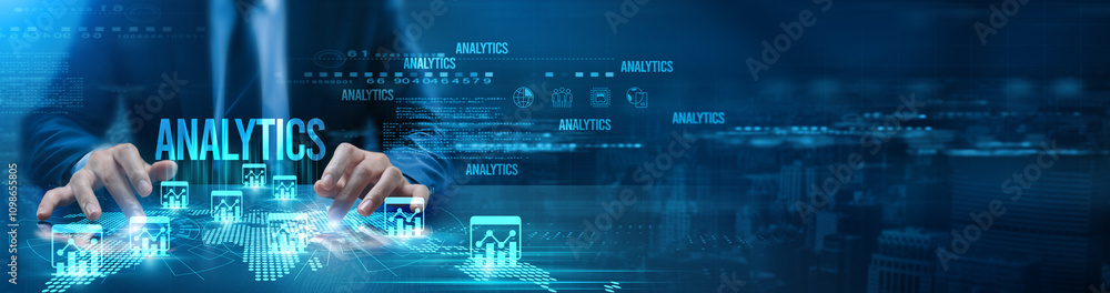 Poster a futuristic digital interface with a focus on the word 'analytics'. hands are interacting with holo