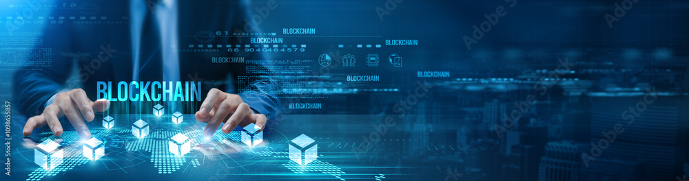 Aufkleber a futuristic digital interface with a focus on the word 'blockchain.' hands are interacting with hol
