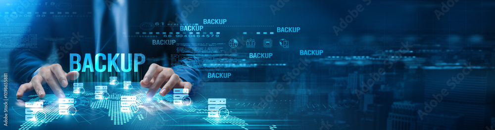 Poster a futuristic digital interface with a focus on the word 'backup'. hands are interacting with hologra