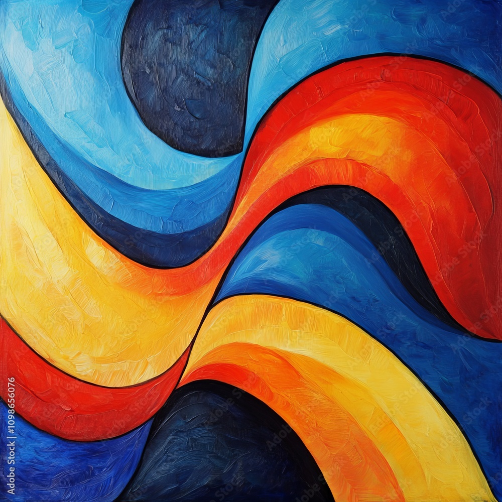 Poster colorful abstract artwork featuring dynamic swirls and bold colors, creating a sense of movement and
