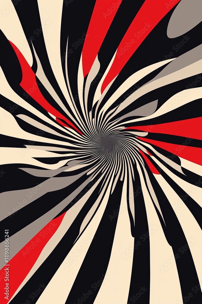 Poster vibrant abstract swirl pattern with bold black, red, and beige colors creating a dynamic and hypnoti