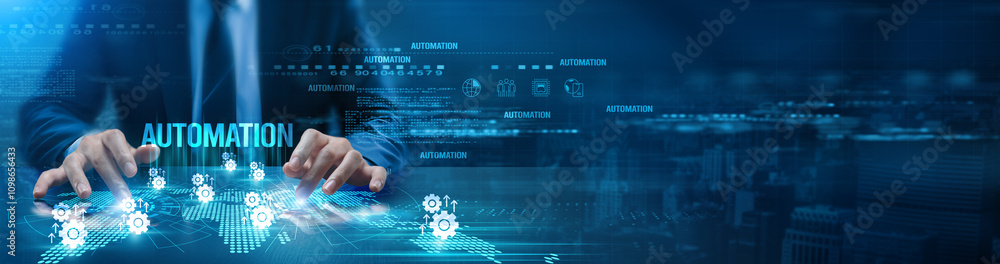 Poster a futuristic digital interface with focus on the word 'automation.' hands are interacting with holog