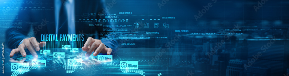 Poster futuristic digital interface with a focus on the word 'digital payments.' hands are interacting with
