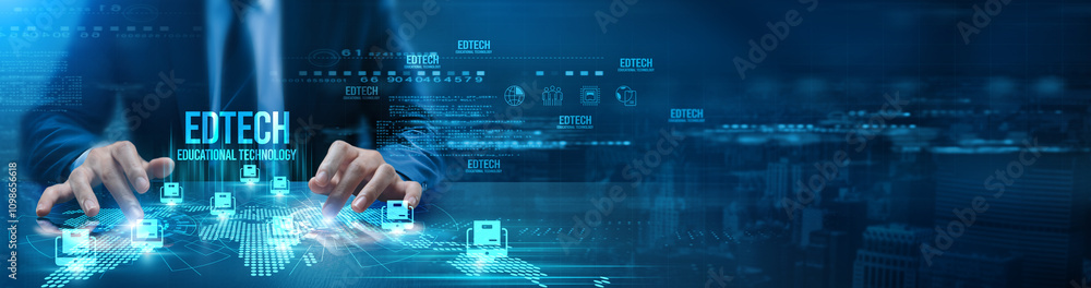 Poster edtech. a futuristic digital interface with a focus on the word 'edtech.' hands are interacting with