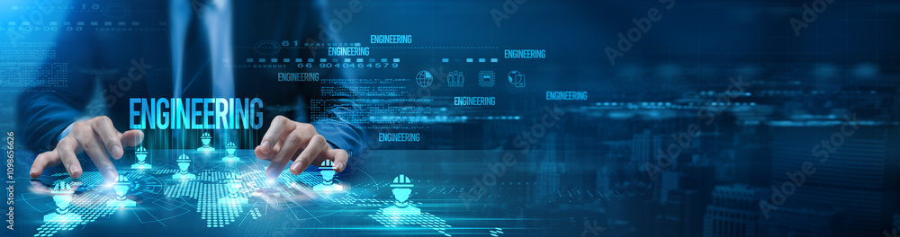 Poster engineering. futuristic digital interface with a focus on the word 'engineering.' hands are interact