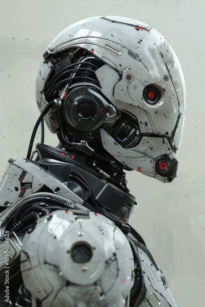 Poster a robot with a white helmet and red eyes. the robot is wearing a black collar. the robot is standing