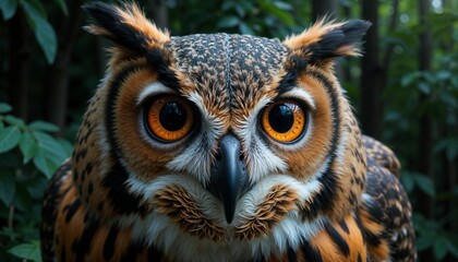 Fototapeta premium Close-up portrait of a majestic owl with intense eyes in a lush green background