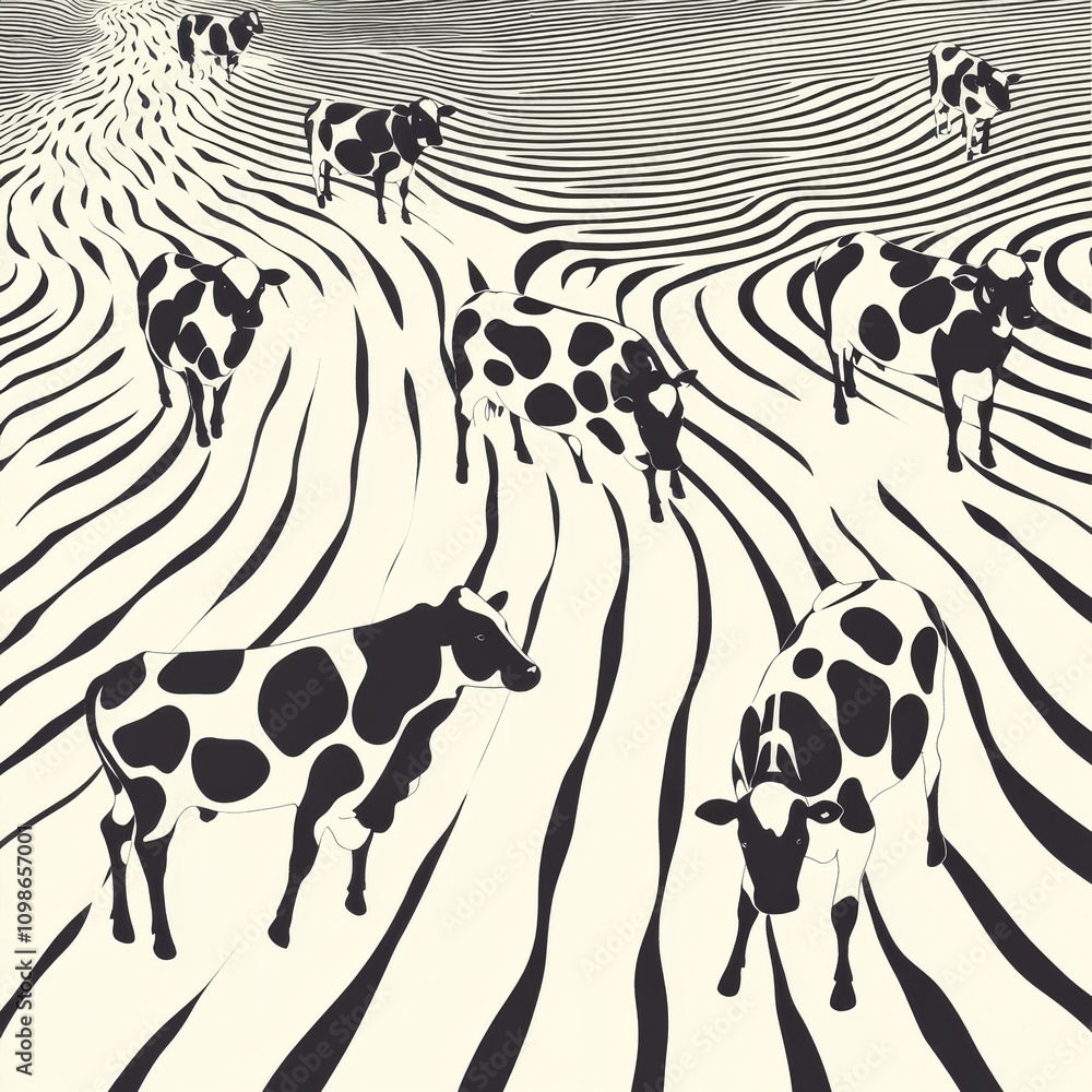 Poster surreal black and white illustration of cows on a wavy, optical illusion landscape, creating a uniqu