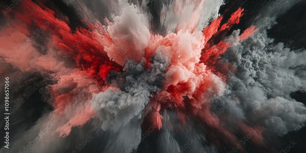Poster a captivating abstract image of red and grey smoke clouds exploding, forming a dynamic and dramatic 