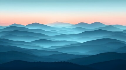 Fototapeta premium A serene view of rolling mountain ranges at dawn, showcasing layers of blue and teal hues blending together, evoking a sense of tranquility and peace.