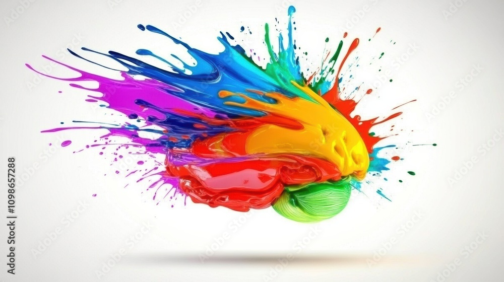 Aufkleber Brightly colored paint splashes across a brain symbolize creativity and artistic expression, showcasing a blend of imagination and color. Generative AI
