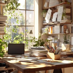 Fototapeta premium Sunlit Workspace: A warm and inviting home office bathed in natural light, featuring a wooden desk cluttered with papers, books,Generative Ai, plants, and art supplies.