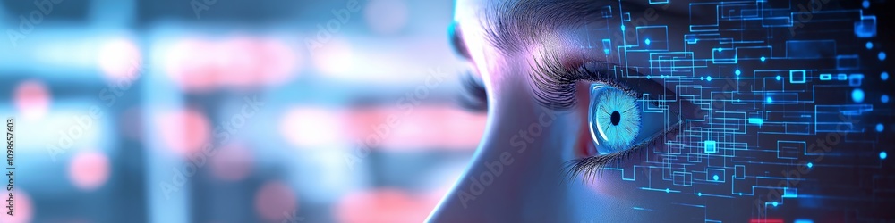 Poster a woman's eye is shown in a computer generated image. the eye is blue and surrounded by a pattern of