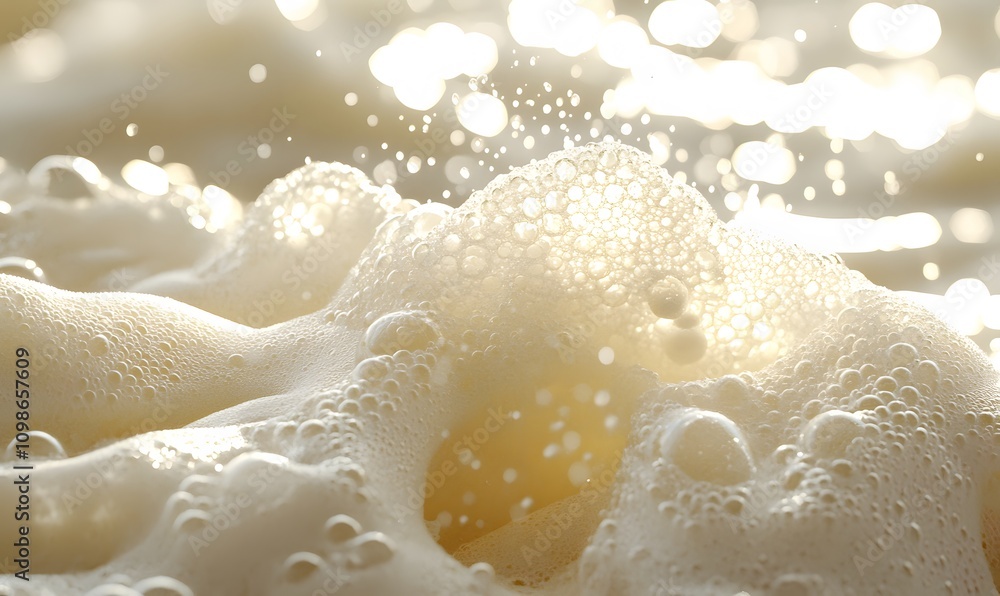 Poster white soapy foam with bubbles illuminated by soft, diffused light