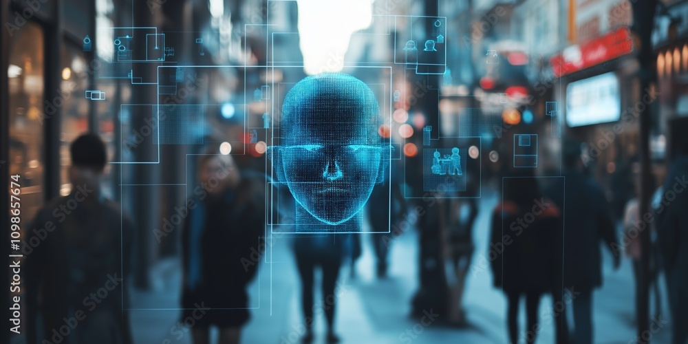 Poster a computer generated image of a face with a blue background. the image is of a city street with peop