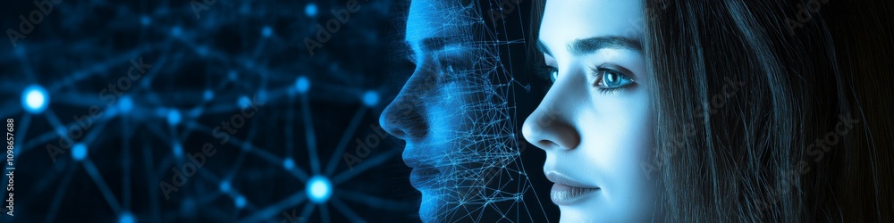 Poster a woman's face is shown in a blue background with a lot of dots. the dots are arranged in a way that