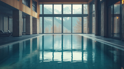 Obraz premium Spa area with a swimming pool in the center in a luxury mountain hotel