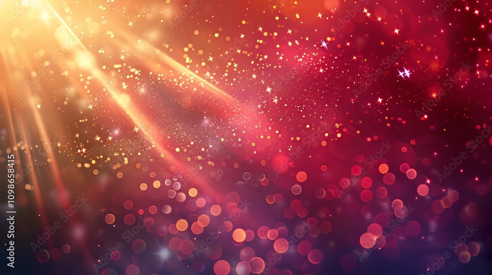 Poster a red background with a lot of sparkles. the sparkles are in different sizes and are scattered all o