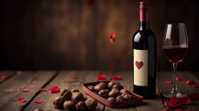 Bottle of red wine with box of chocolate candies on dark background. Gift for Valentine's Day, Mother's Day, Women's Day