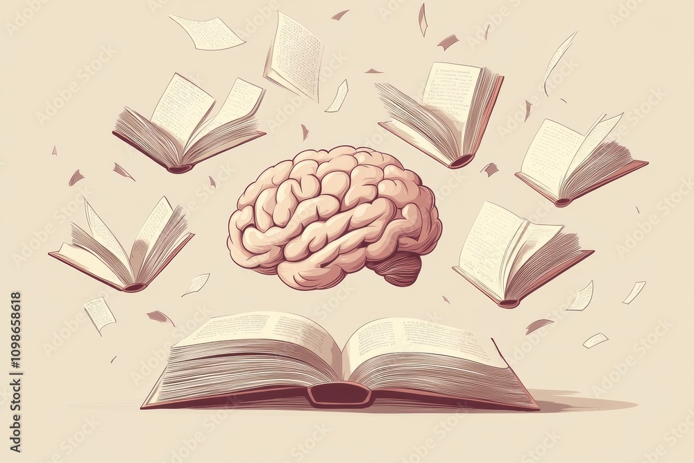 Leinwandbilder a brain floats above an open book as pages fly around, representing the pursuit of knowledge and the