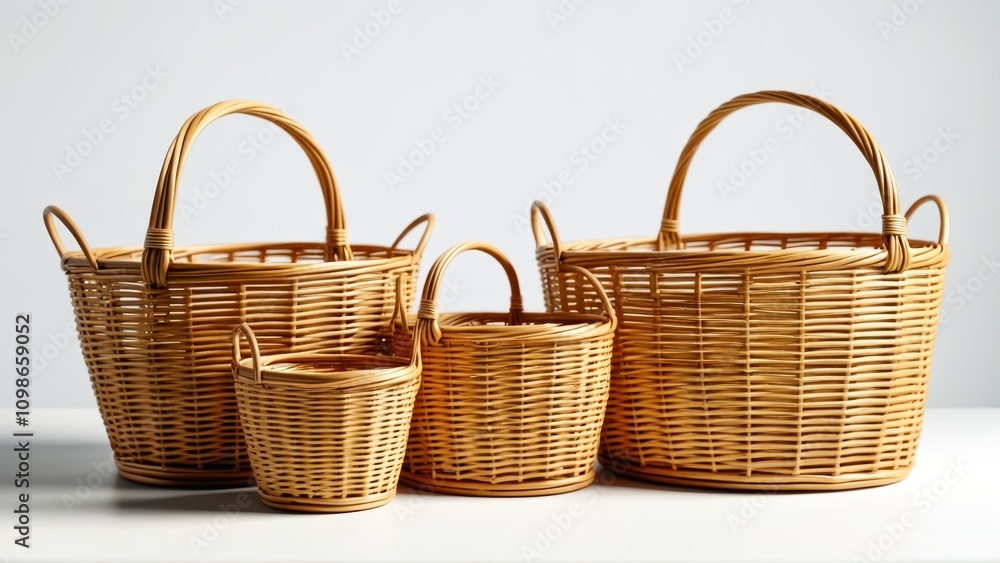 Poster set of four wicker baskets on white surface with soft shadows