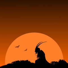Naklejka premium Vektor Silhouette im Sonnenuntergang - Düstere Kreatur mit Hörnern - Mythologie und Kultur - Wesen der Vergangenheit und Glaube an alte Götter