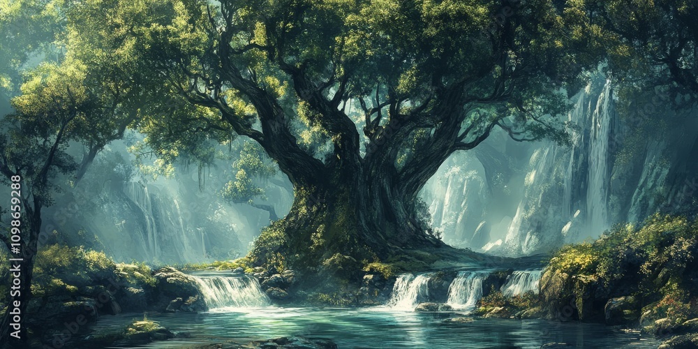 Poster a large tree with a waterfall in the background. the tree is surrounded by rocks and grass. the wate