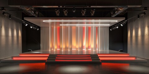 Obraz premium A modern stage with dynamic lighting and sleek design, perfect for events, performances, and presentations in a contemporary setting.