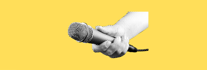 A hand holds a microphone. Collage element in halftone effect. Pop art illustration on bright yellow background. Vector 