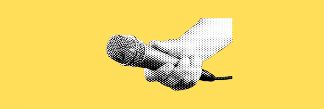 A hand holds a microphone. Collage element in halftone effect. Pop art illustration on bright yellow background. Vector 