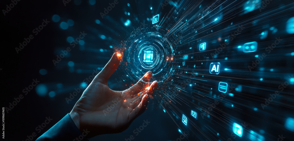 Poster hand touching digital interface with ai and data network connections for fast communication