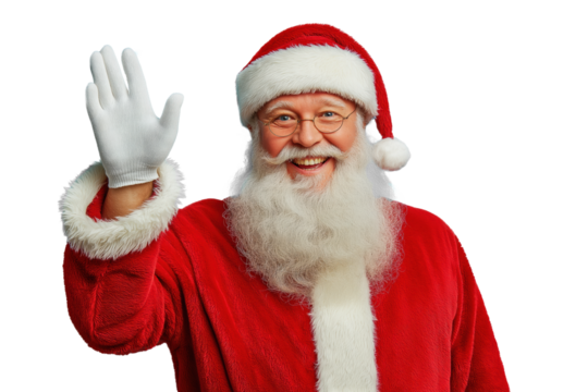 Santa Claus waving with a cheerful smile in a classic red suit and white gloves on a transparent background