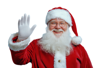 Festive Santa Claus with a fluffy beard and glasses greeting warmly, isolated, transparent background