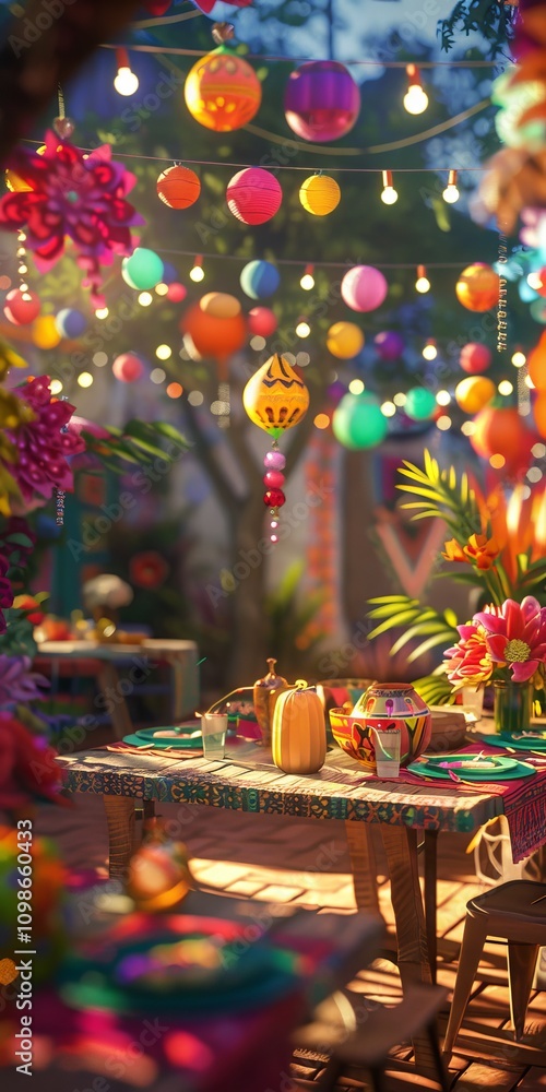 Poster dynamic 3d rendering capturing the essence of a festive party scene with vibrant decorations and liv