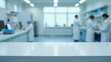 Empty table top with blur background of medical laboratory. Generated AI